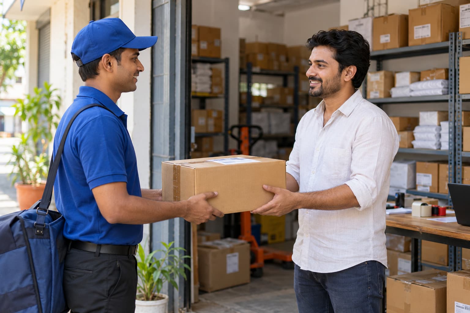 Courier executive collecting labelled parcels from a seller