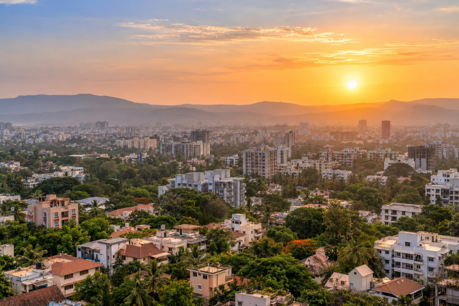 Aerial view of Pune at sunrise with the Sahyadri hills