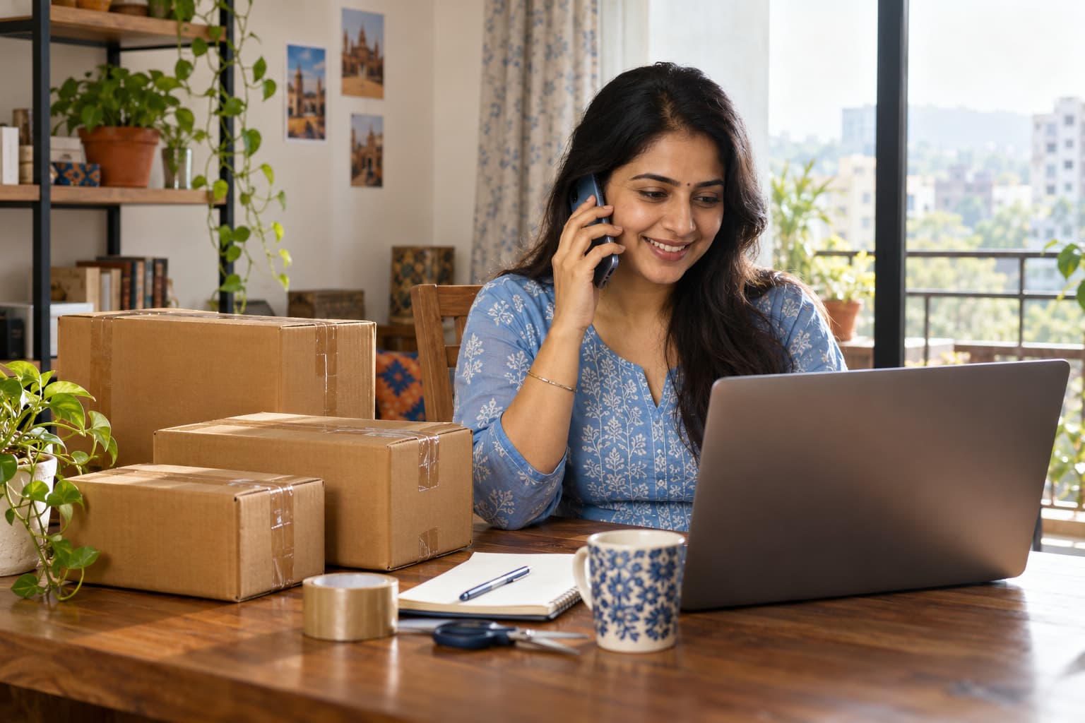 Seller smiling while speaking to support on the phone
