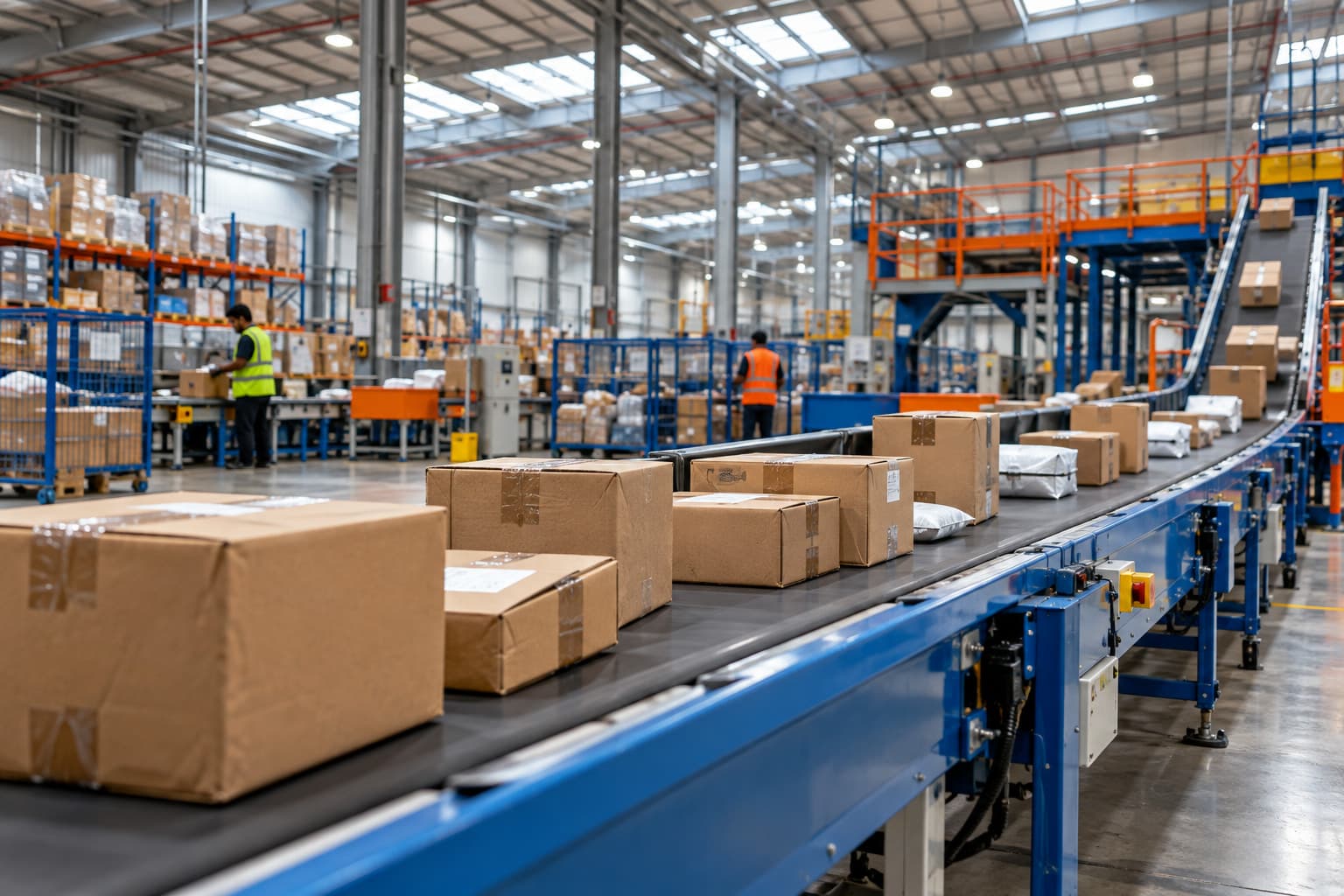 Parcels moving on conveyor belts inside a modern sorting hub